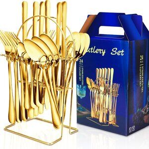 Kitchen Utensils Knife Fork Spoon Cutlery 24 Pcs Set With Storage Rack